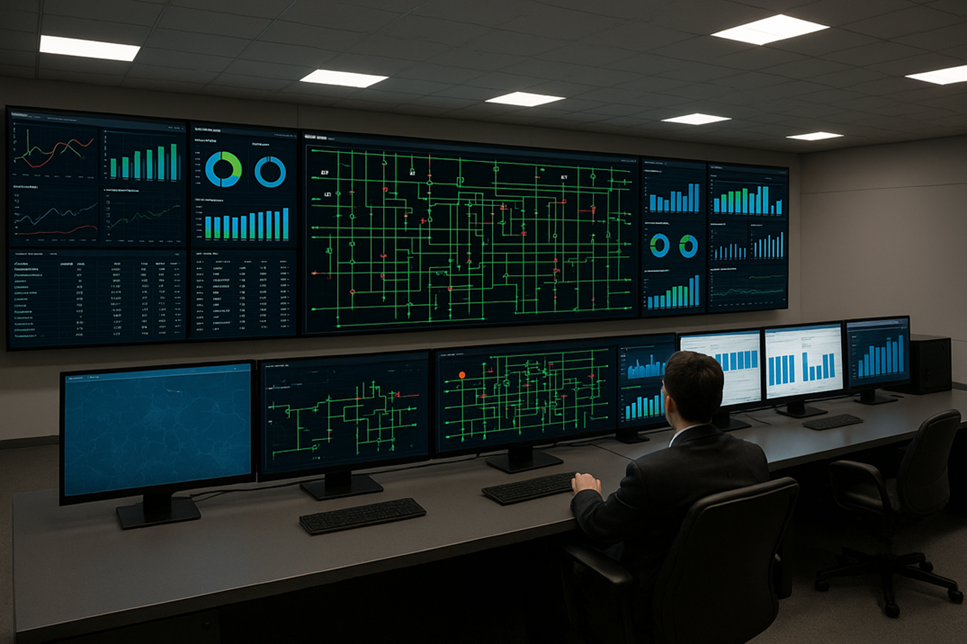 Wide shot of energy control room with multiple screens